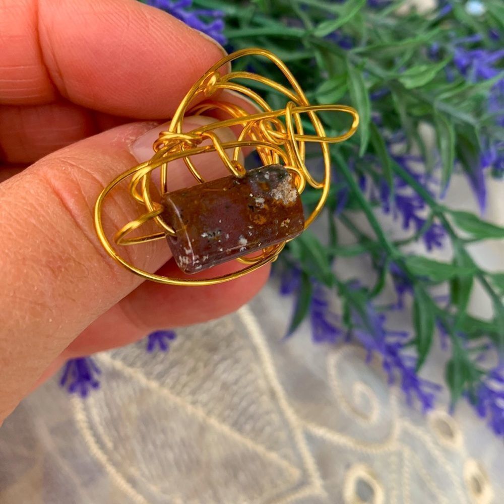 Unique Ocean Jasper In Gold Wire Wrap Artisan Crafted Ring - Picture 10 of 10
